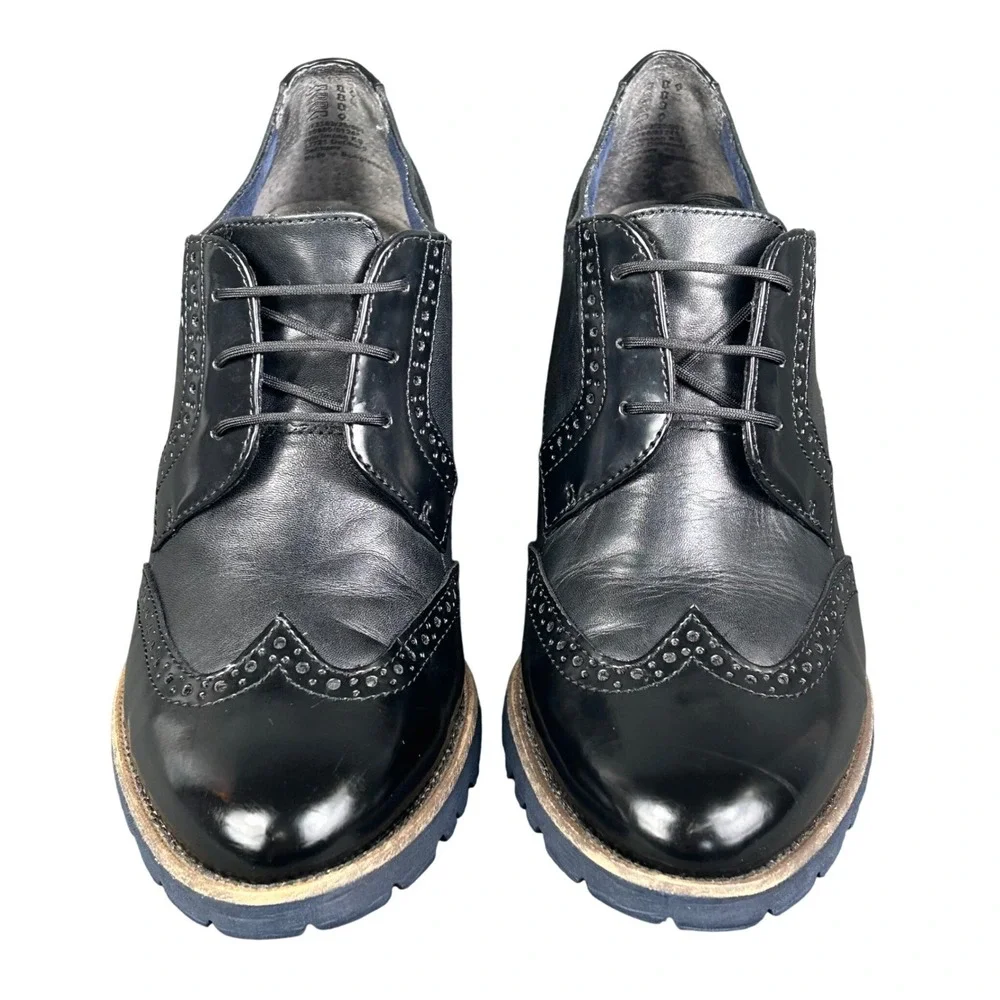 Tamaris Black Leather Wingtip Oxford Block Heels Brogue Lug Sole 1-23302-29-001 - Picture 3 of 7
